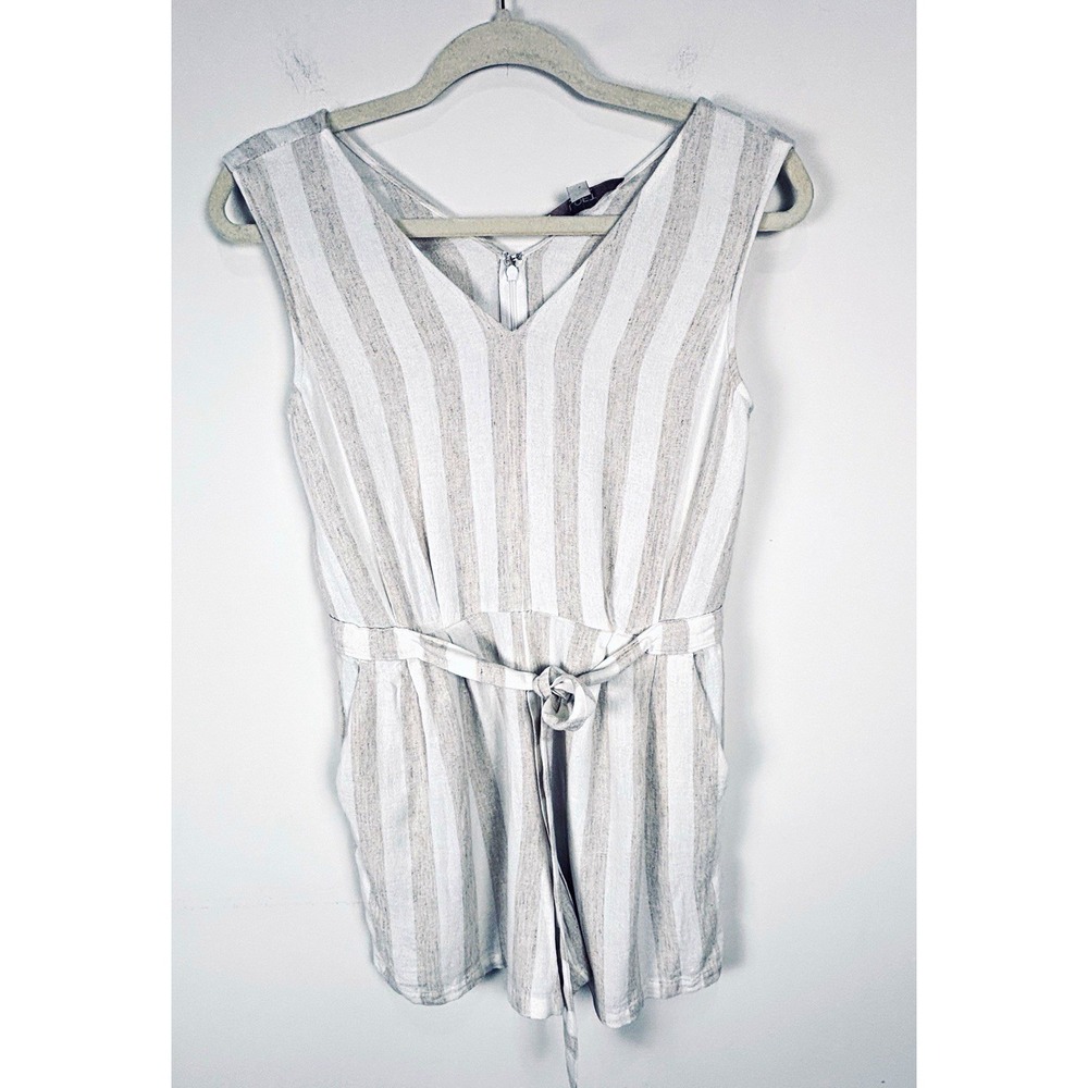 LOFT Womens Striped Sleeveless V-Neck Belted Romper Pockets Small White/ Tan